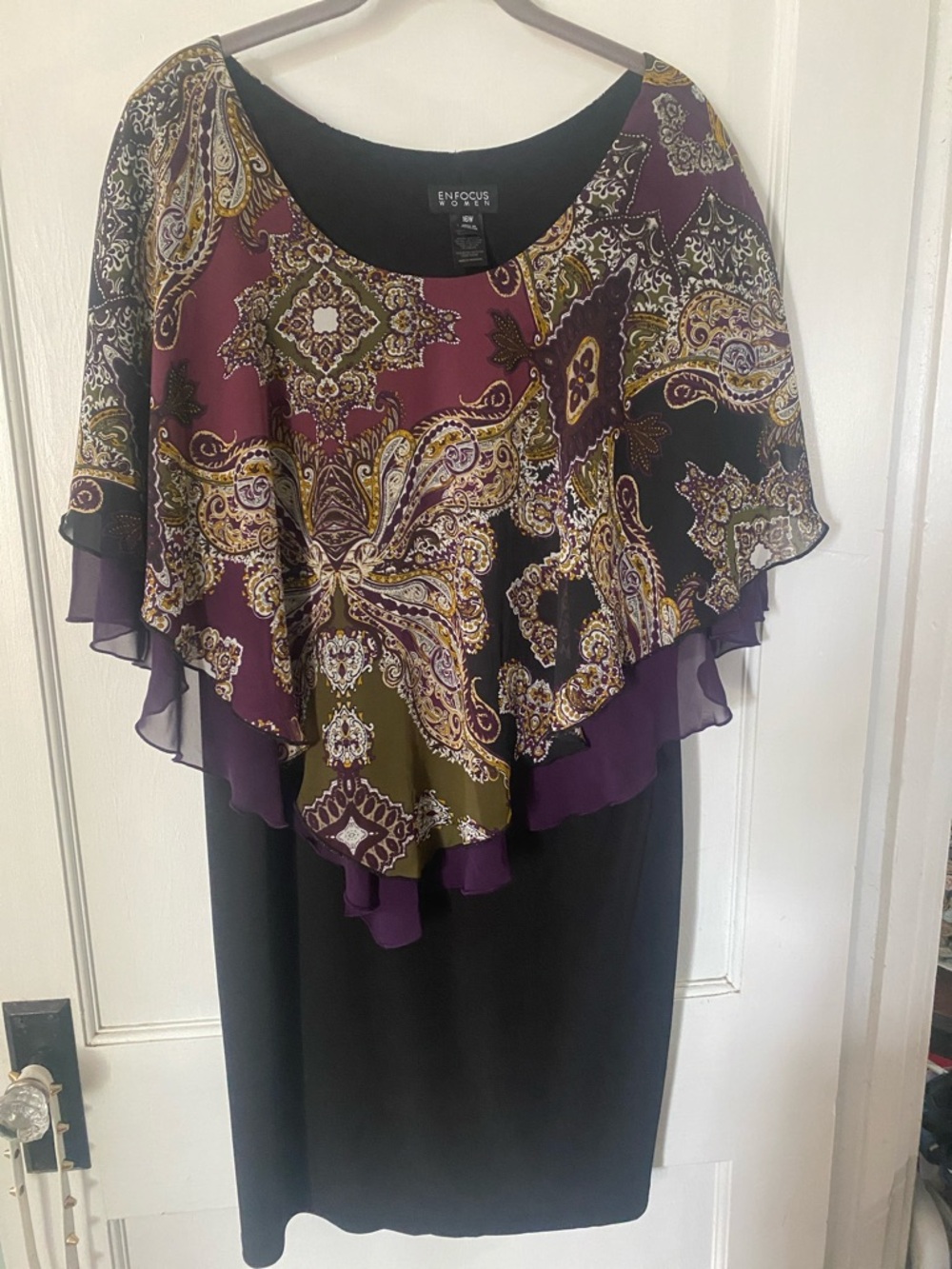 Enfocus Studio Black Dress with Purple and Olive Paisley Overlay